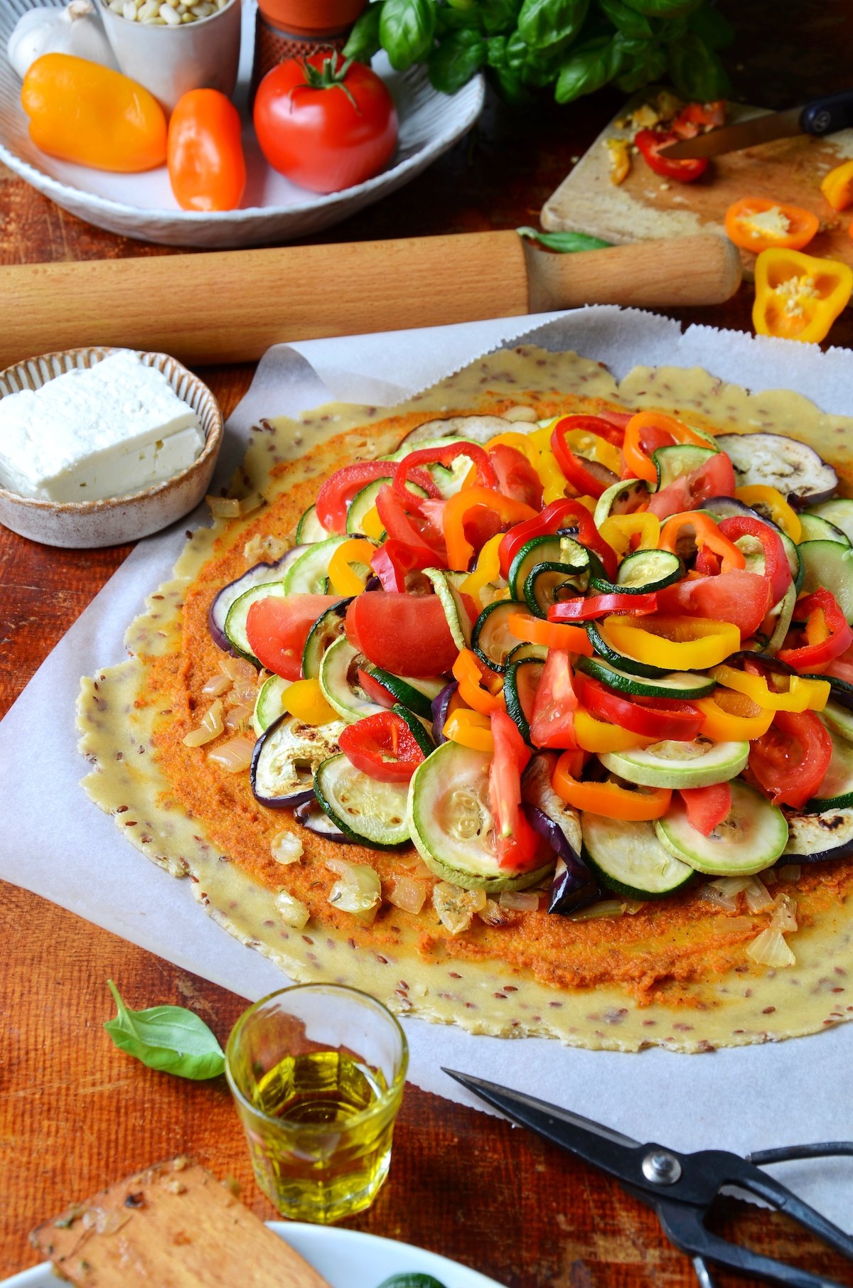 préparation tarte aux légumes du soleil feta pignons faite-maison étape