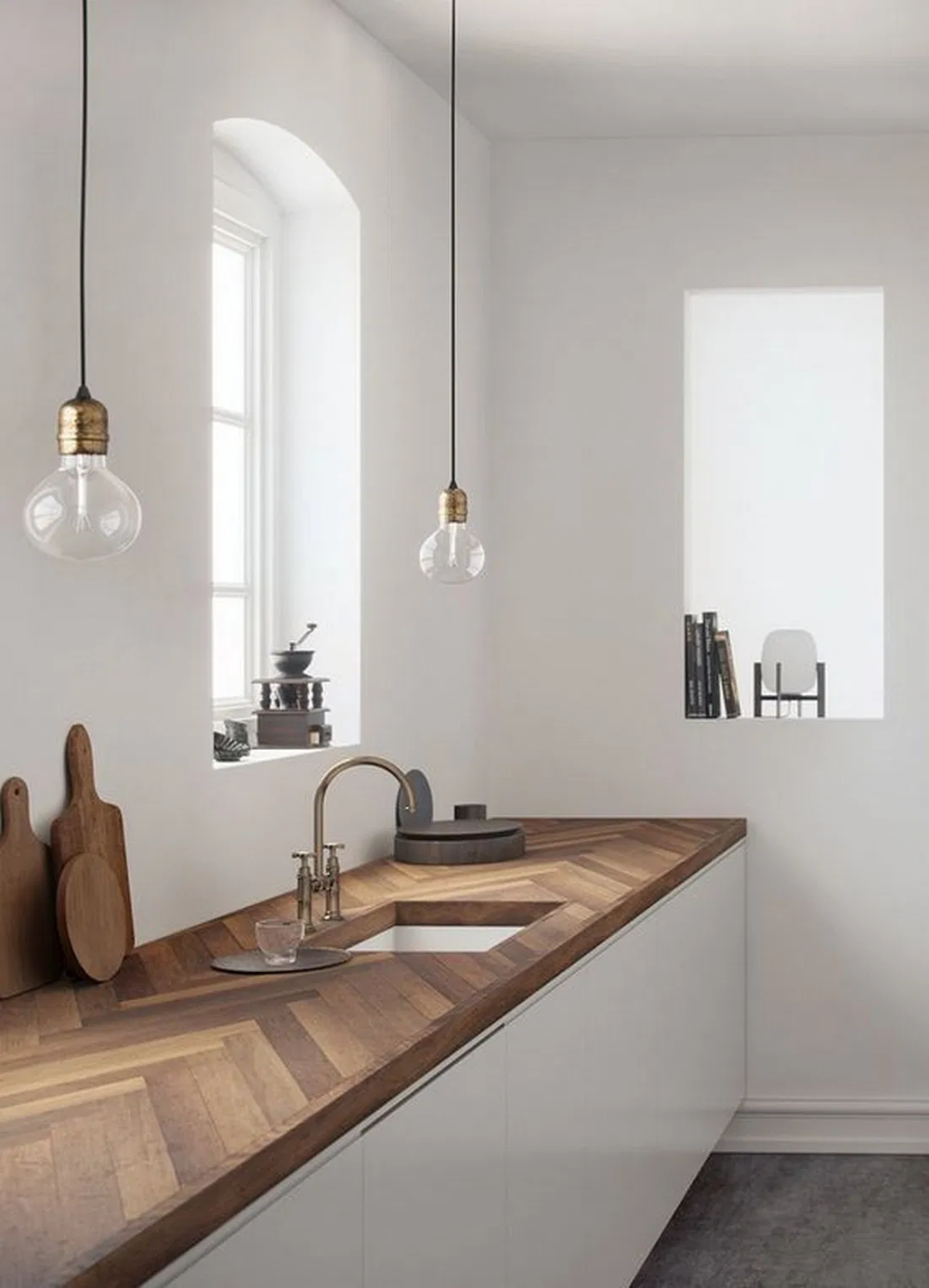 cuisine plan de travail bois chevron suspension