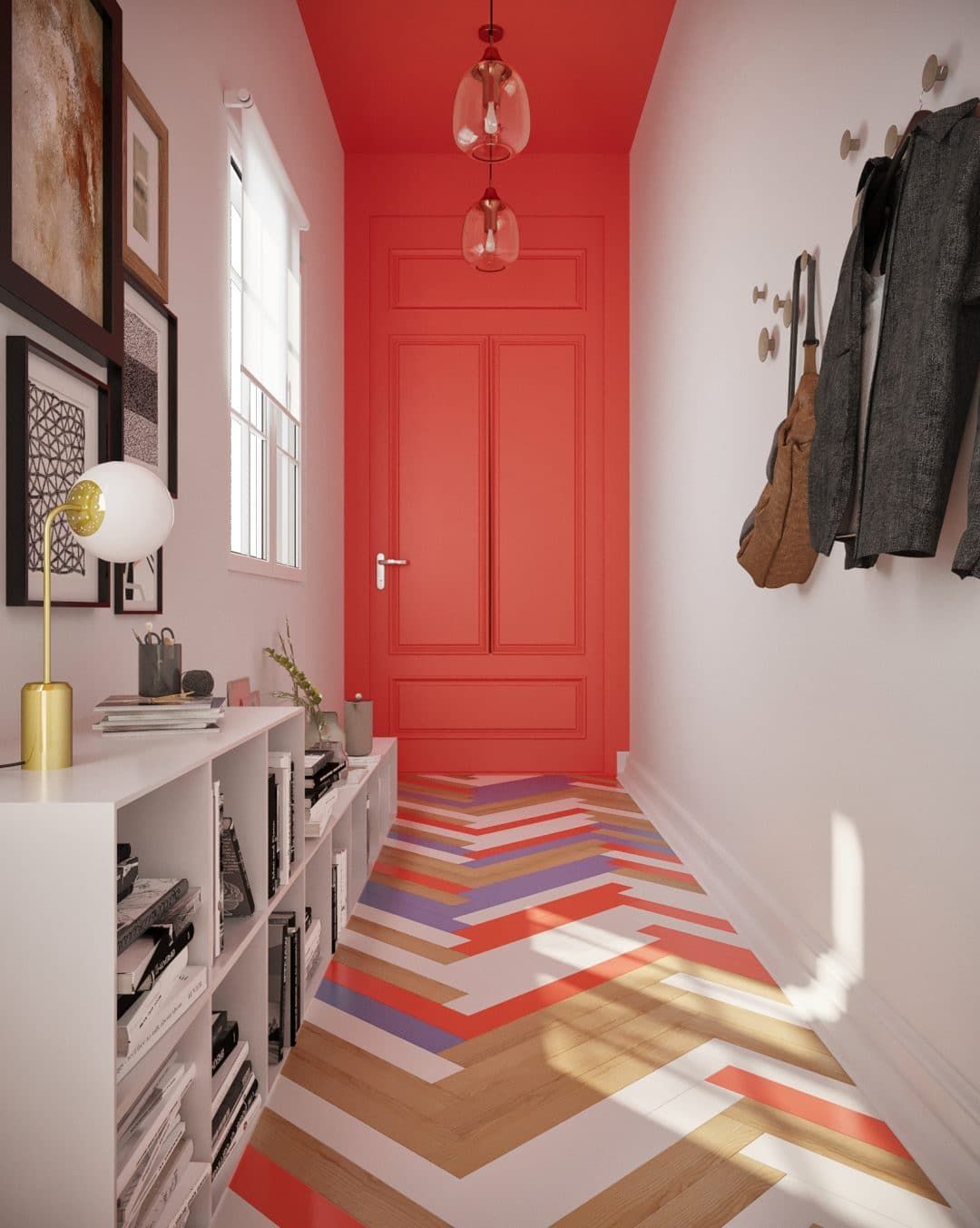 hall d'entrée lumineuse colorée rouge corail sol chevron multicolor lampe ronde laiton