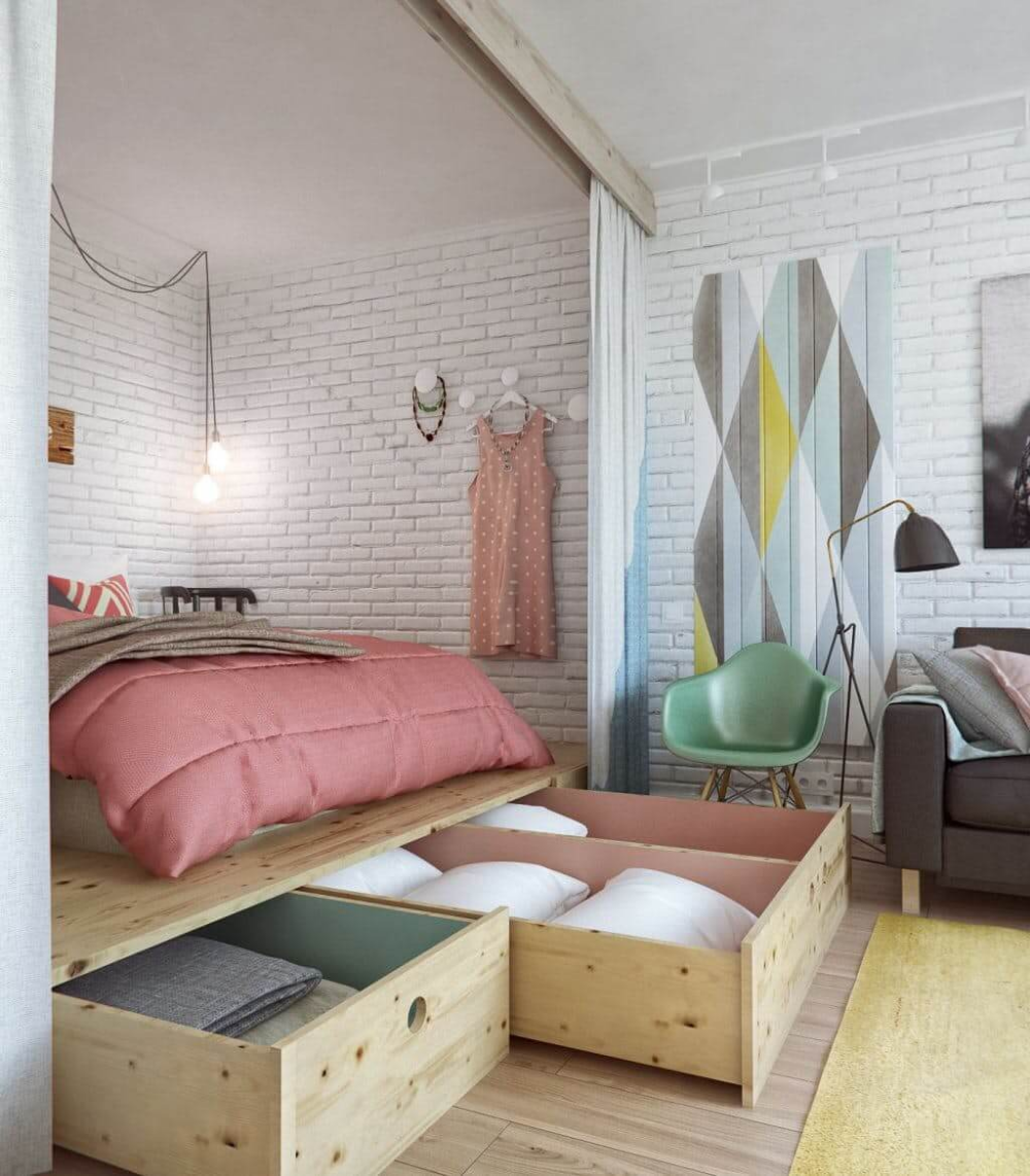 lit double rangement bois mur briques blanches ampoule en suspension