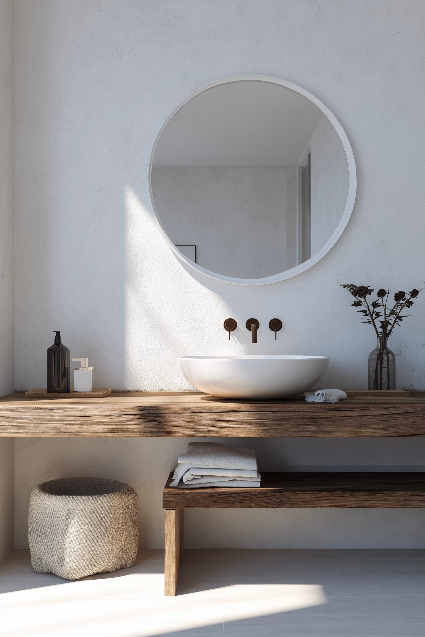 salle de bain béton ciré blanc bois rustique meuble vasque