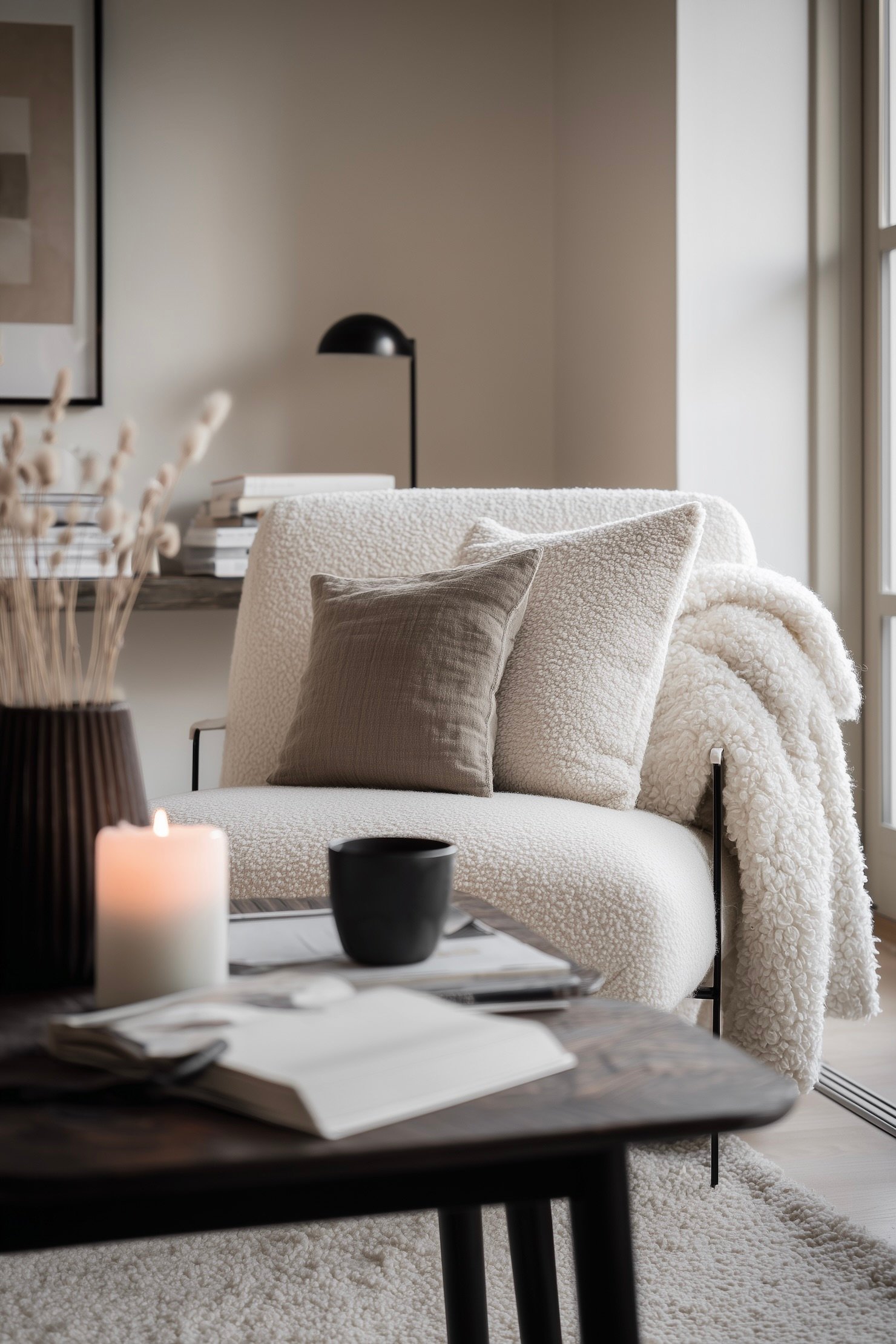 salon déco bois foncé blanc tissus bouclettes