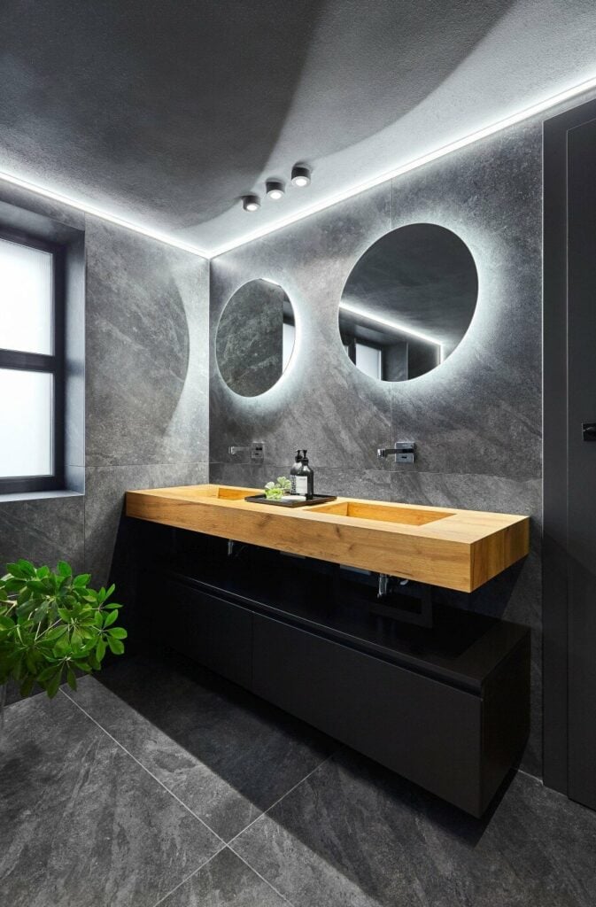 salle de bains bois gris foncé béton - blog déco - clem atc