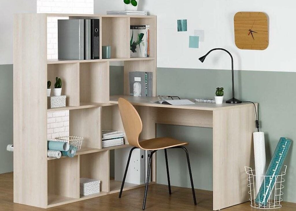 espace travail éco-responsable bureau bibliothèque angle made in France mur vert pastel