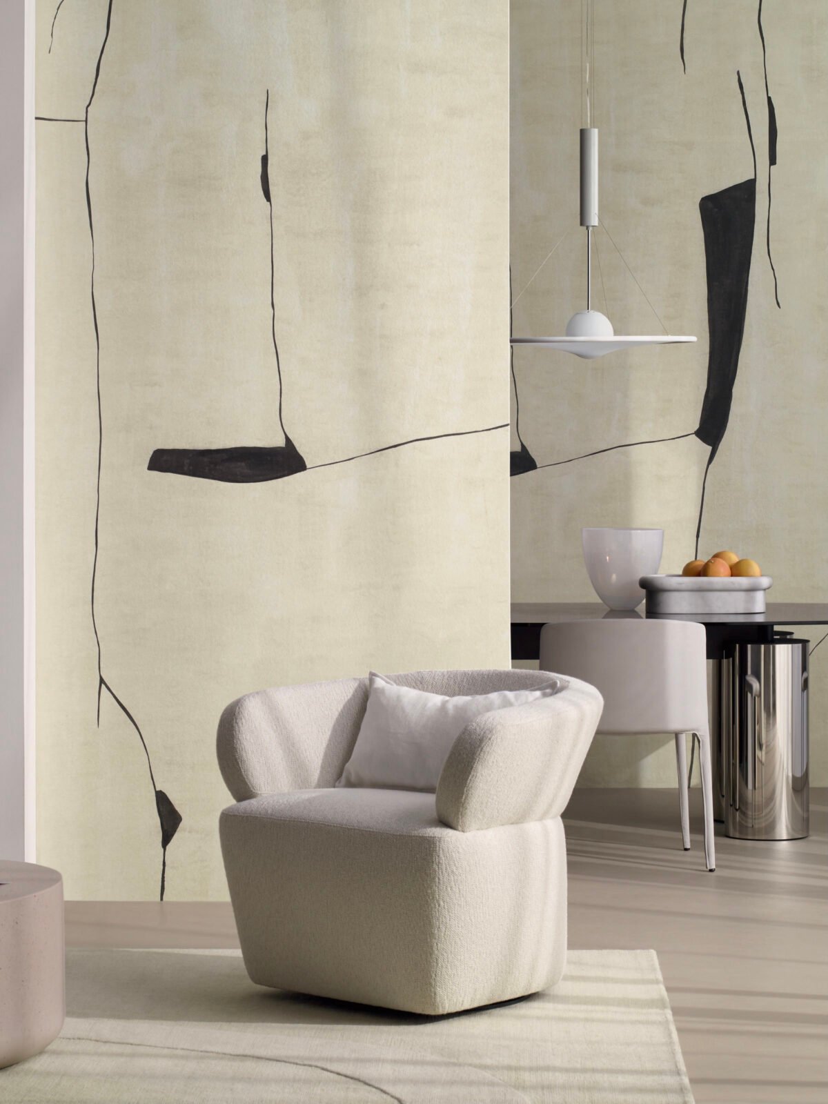 salon fauteuil bouclette papier-peint noir et blanc effet kintsugi