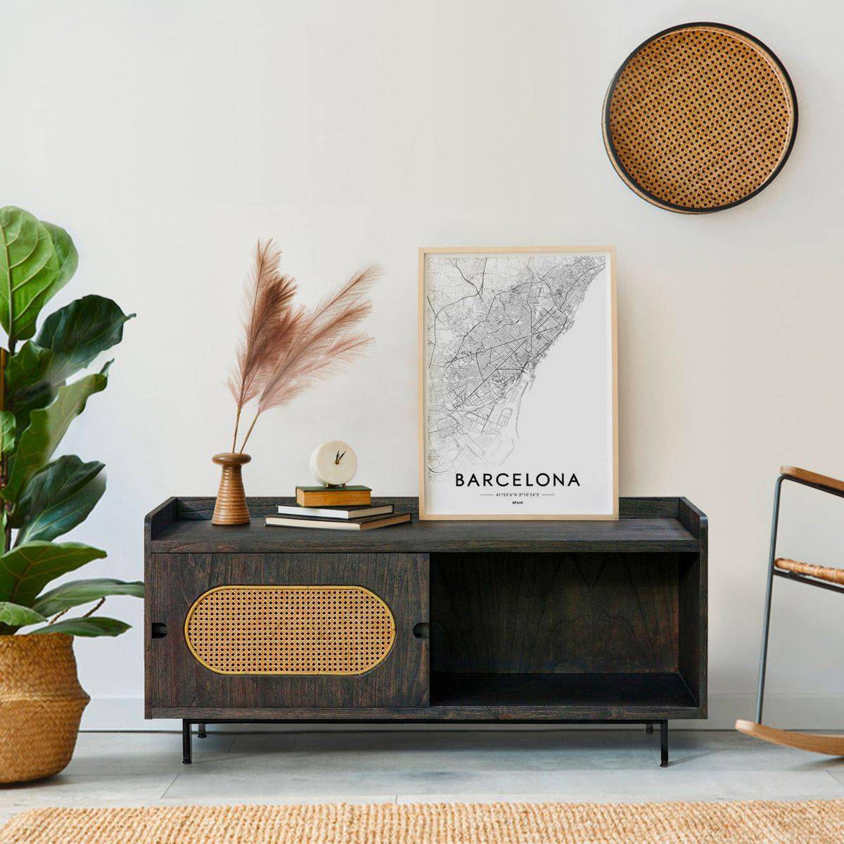 meuble tv bois noir cannage coulissant rangement salon vintage