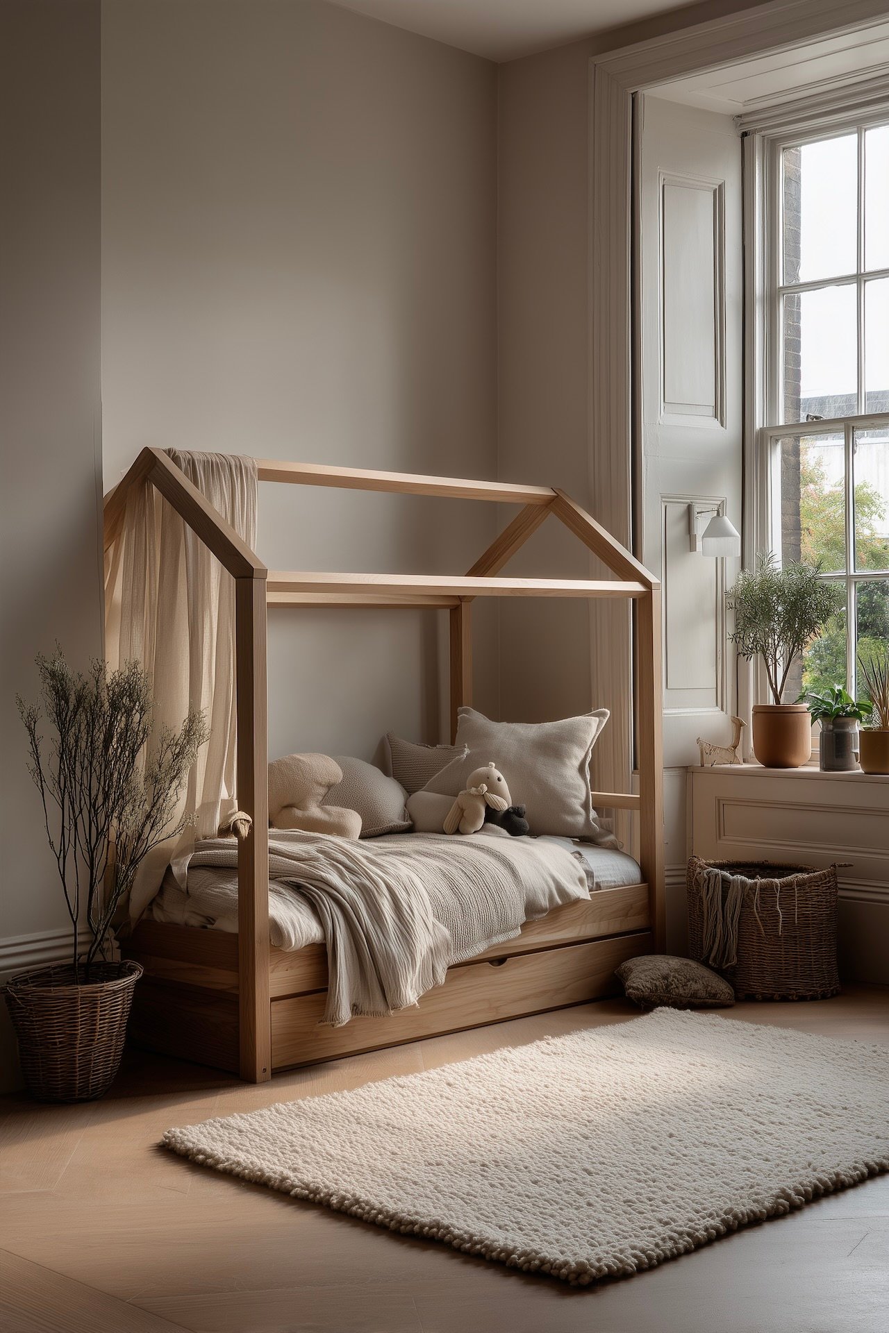 lit forme maison bois tiroirs rangement déco beige