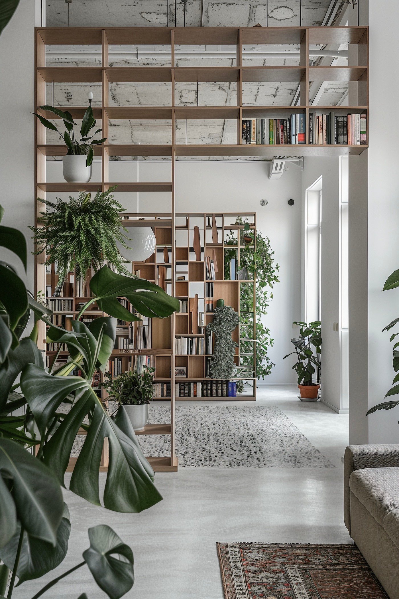 étagère bois bibliothèque ouverte deux côtés salon salle à manger