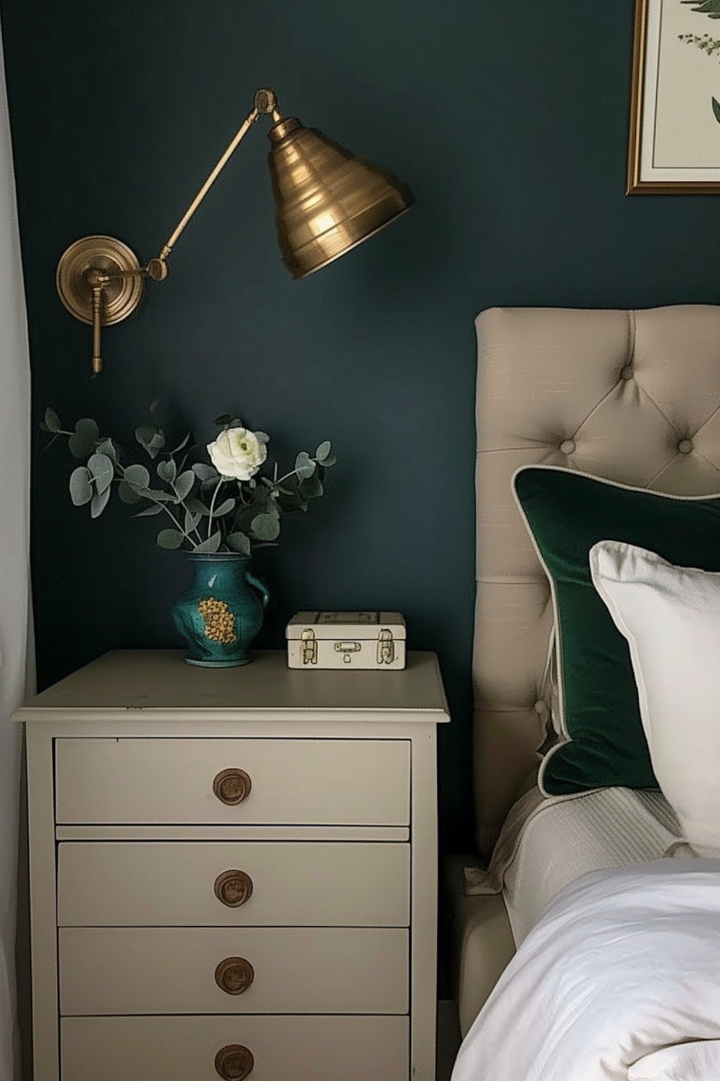 chambre mur vert sapin meuble greige lit
