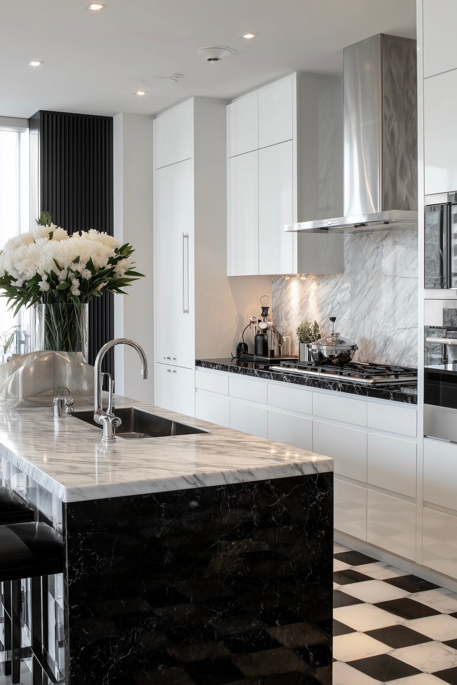 cuisine bleue foncé blanche marbre gris