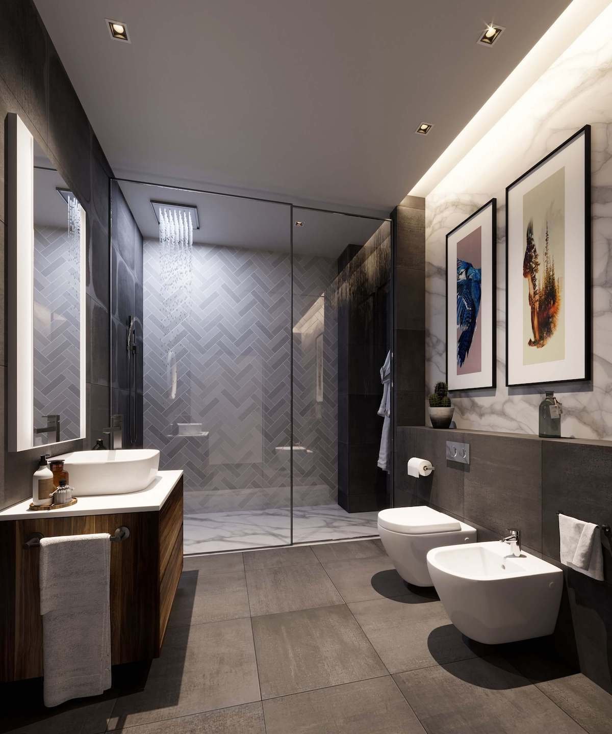 salle de bains grise effet béton douche ciel pluie