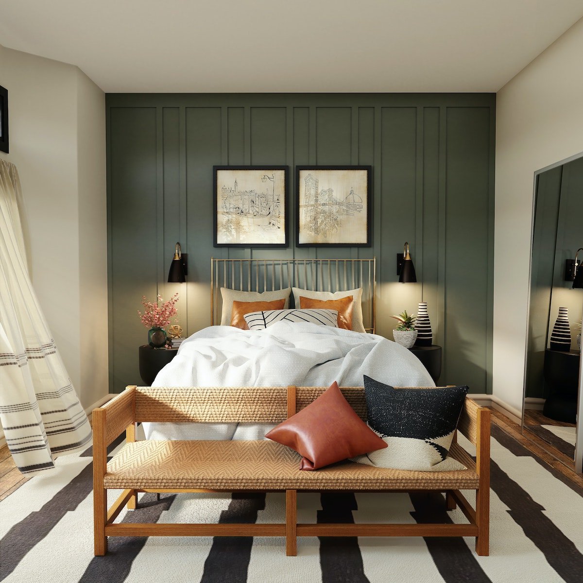 chambre noir blanc marron cuir mur vert déco ethnique
