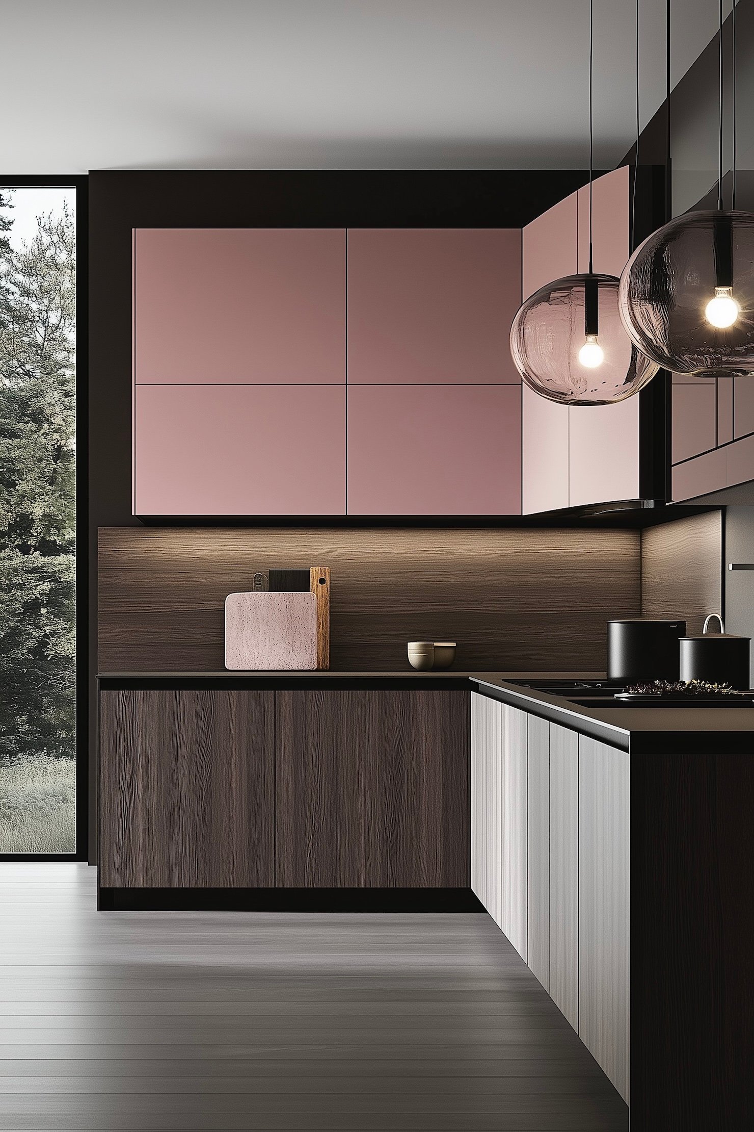 aménagement moderne cuisine bicolore bois rose