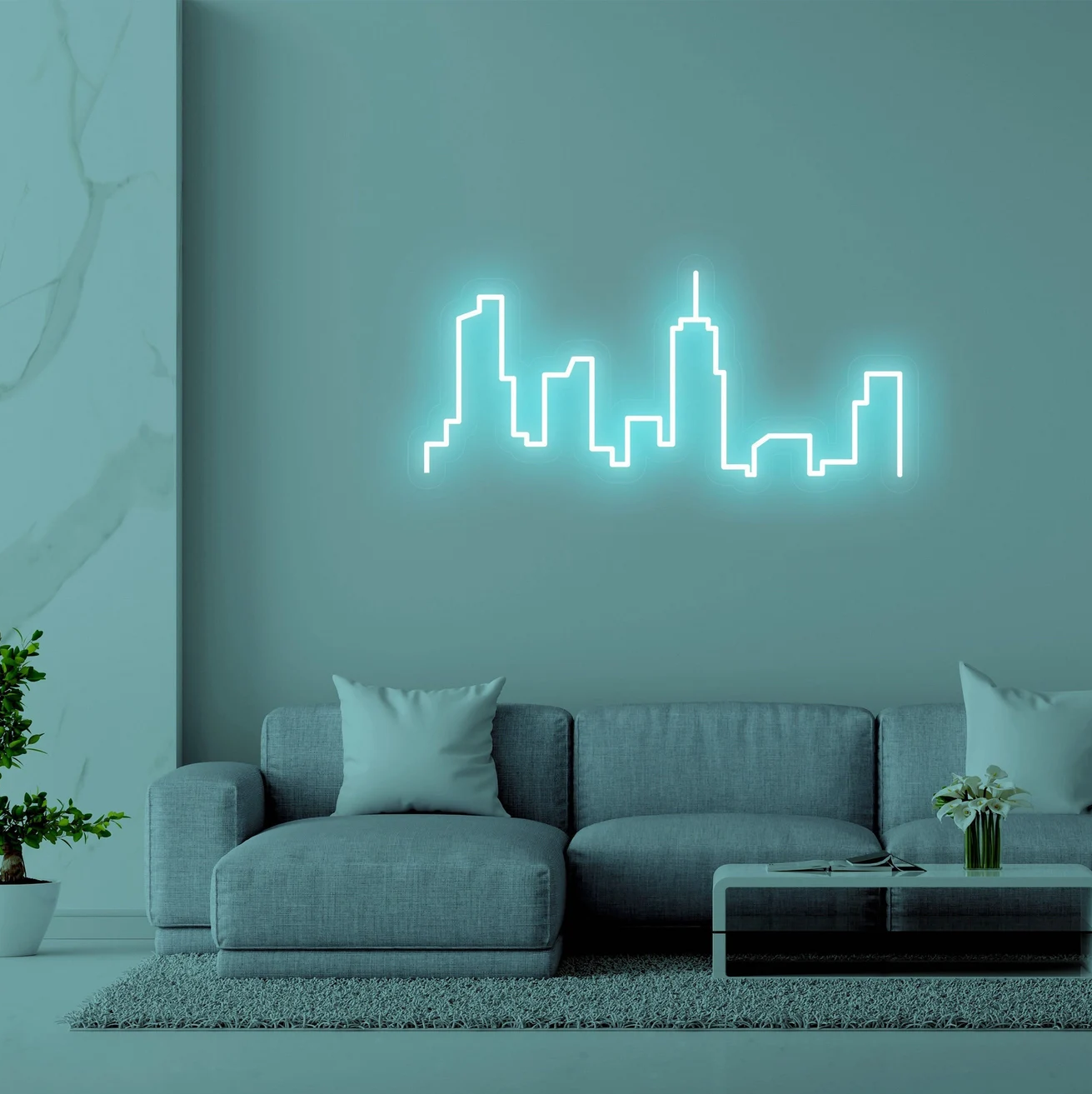 neon mural bleu turquoise salon urbain canapé angle gris plante verte