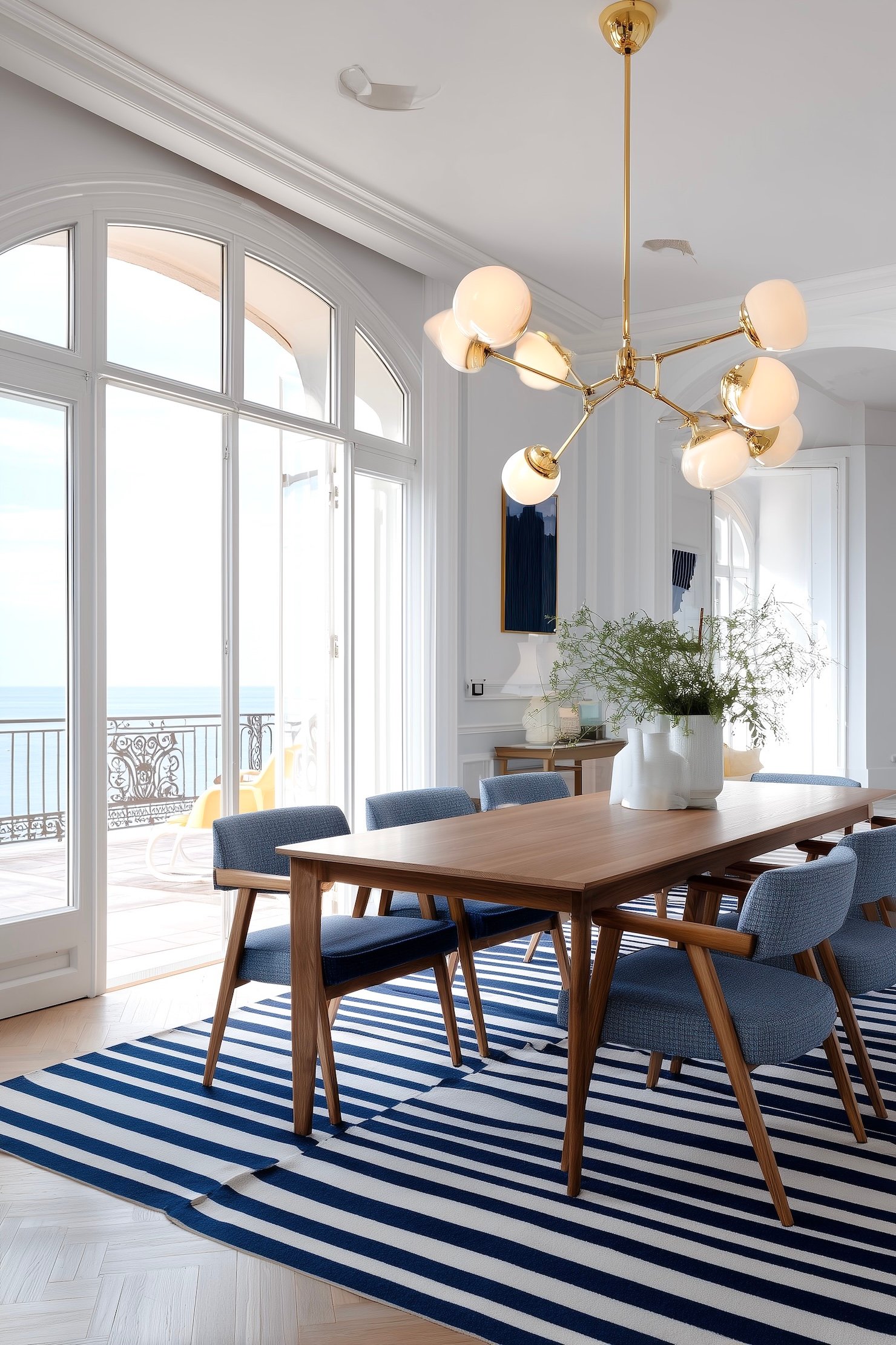 tapis bleu Klein rayures blanches salon moderne