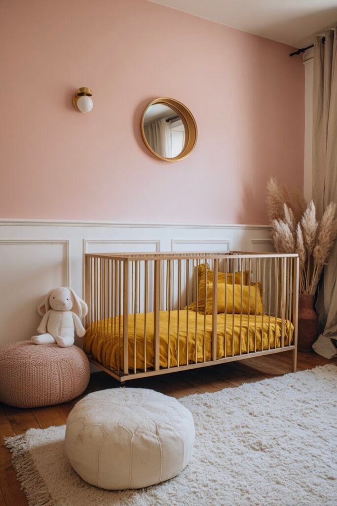 chambre bébé lit bois linge moutarde murs roses déco couleur cumin