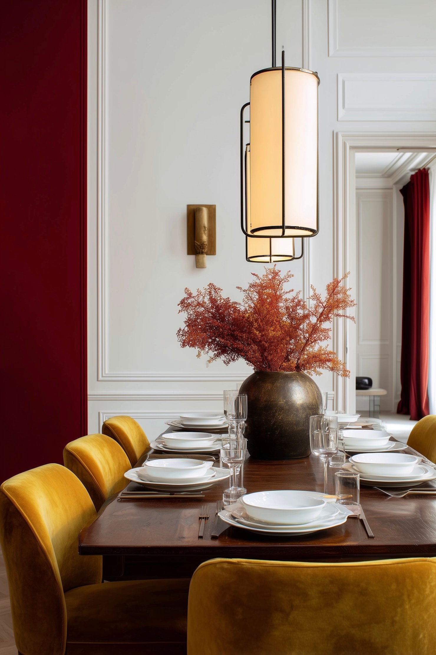 salle à manger parisienne table bois chaises velours moutarde suspension design