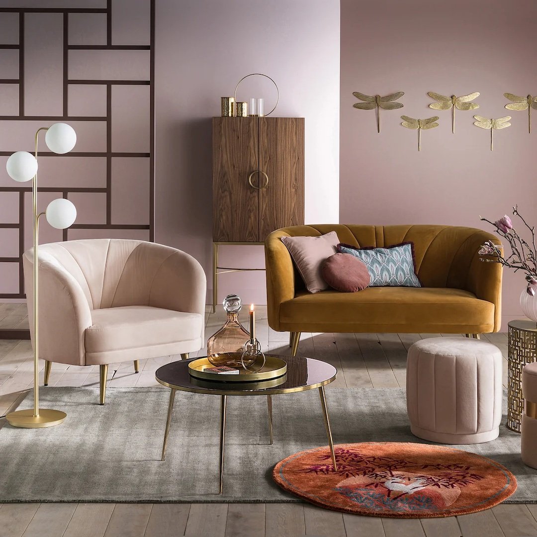 banquette canape droit rond pieds laiton deco tendance moderne rose marron