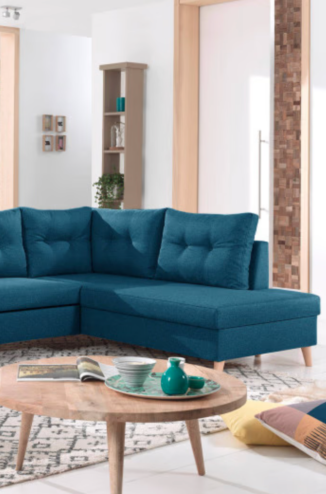 salon canapé bleu elegant table bois