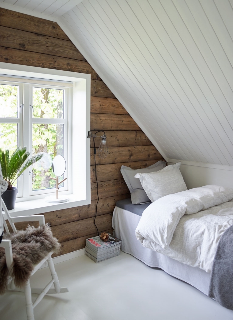 chambre mansardée deco nature mur bois blanc