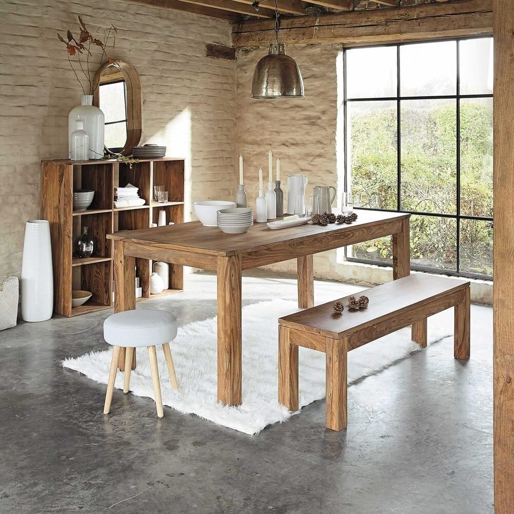 sejour rustique deco champetre table rectange bois mur pierre