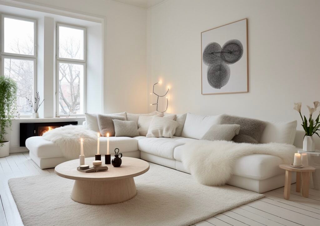 salon cocooning blanc tapis moumoute nuance beige relaxant