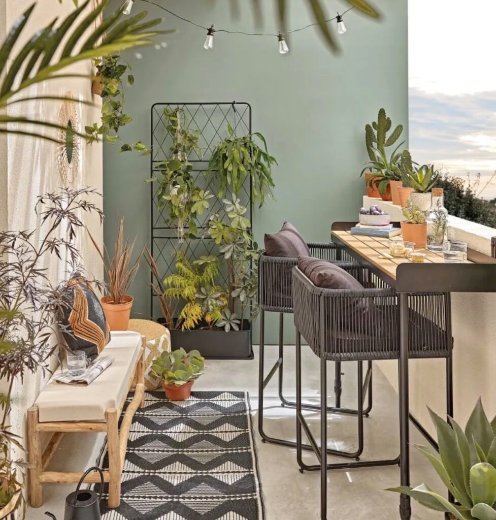 balcon deco exterieur tapis noir blanc plante verte