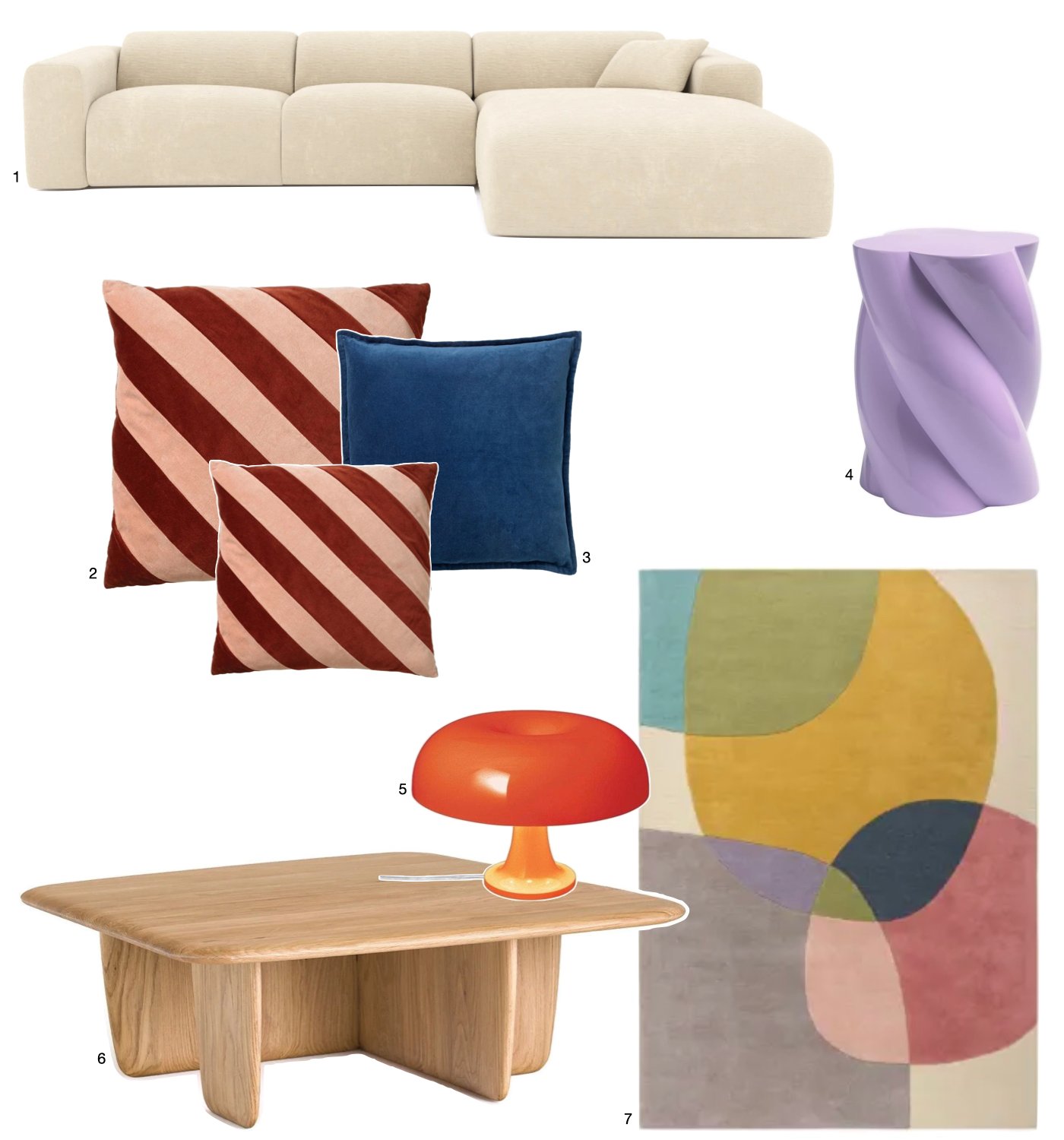 deco hej_colourful.home canapé velours tapis géométrique lampe champignon