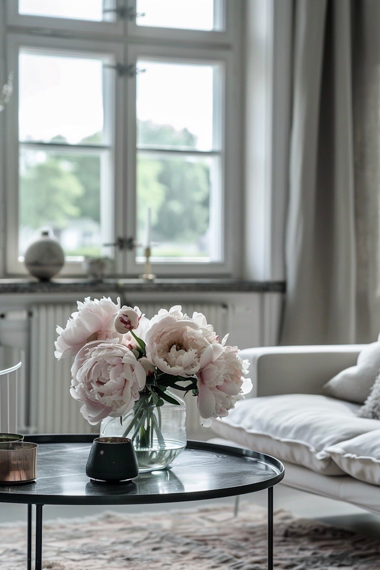 salon blanc gris danois bouquet pivoines blanches roses