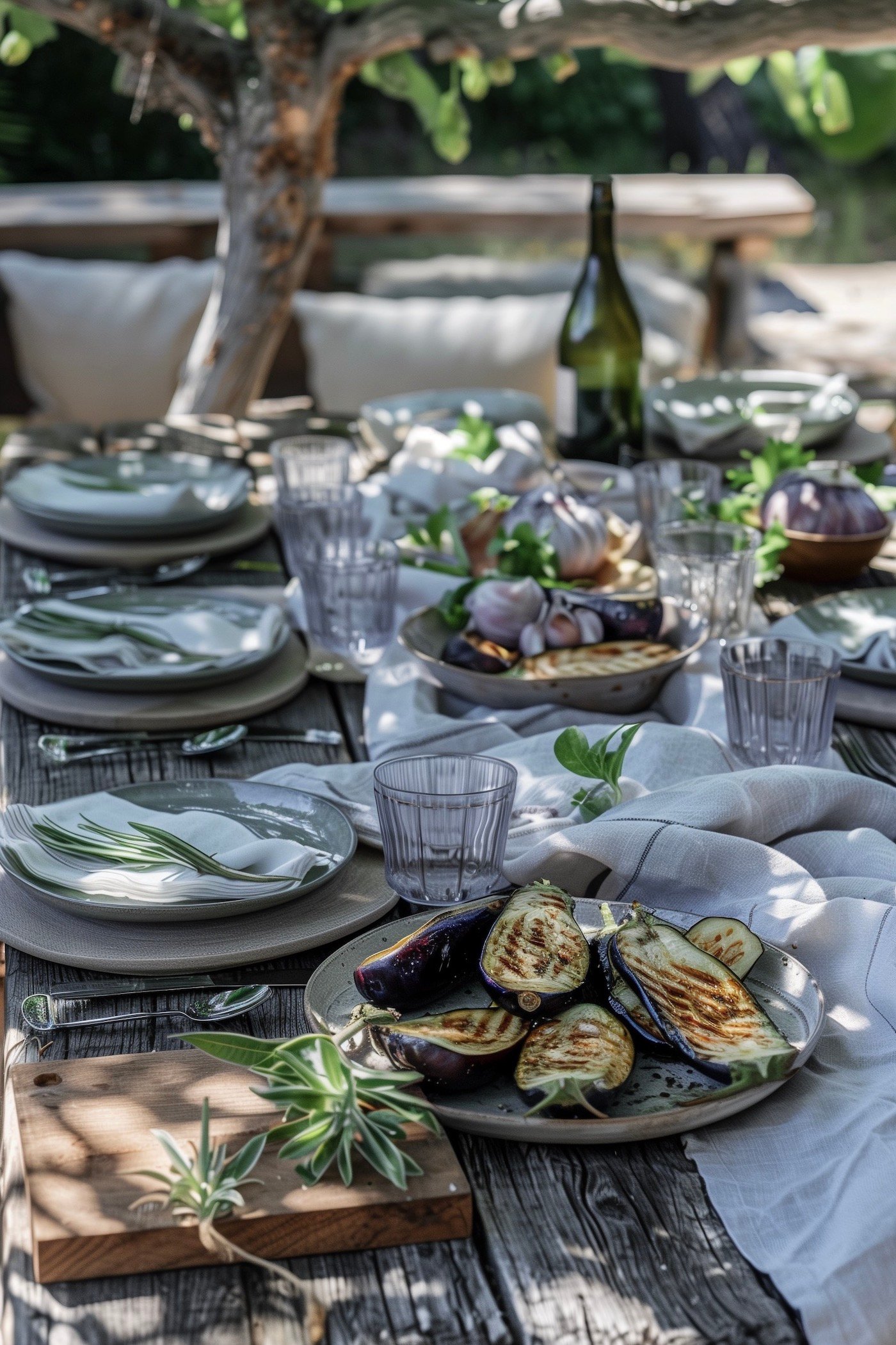 table extérieur repas Provence nappe blanche assiette taupe