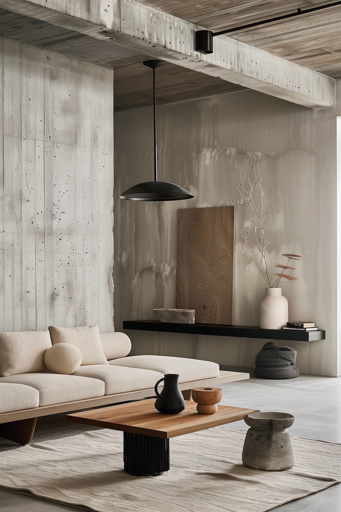 idée déco salon zen japandi cosy tons nature brut