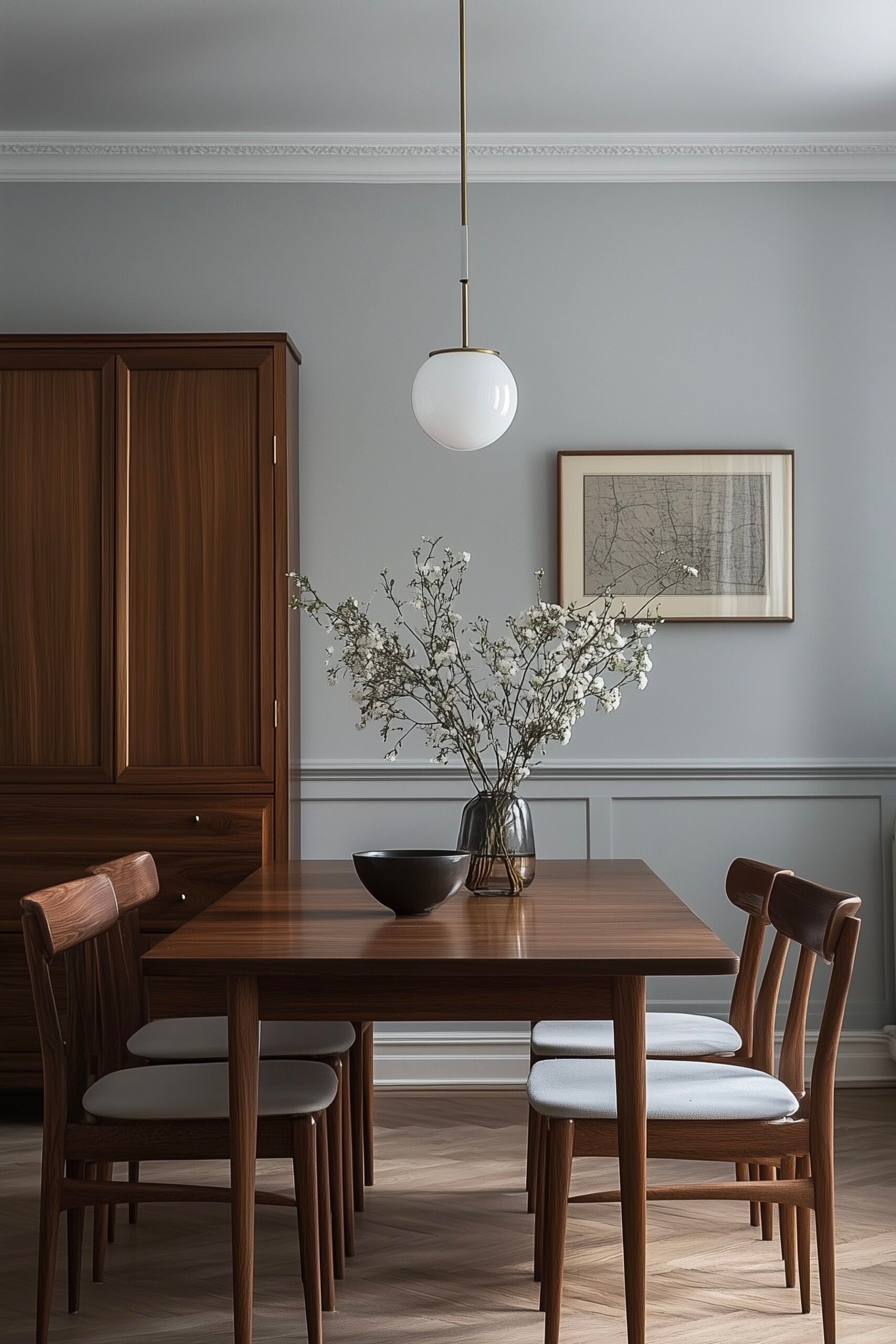salle à manger maison de campagne chic grise bois foncé
