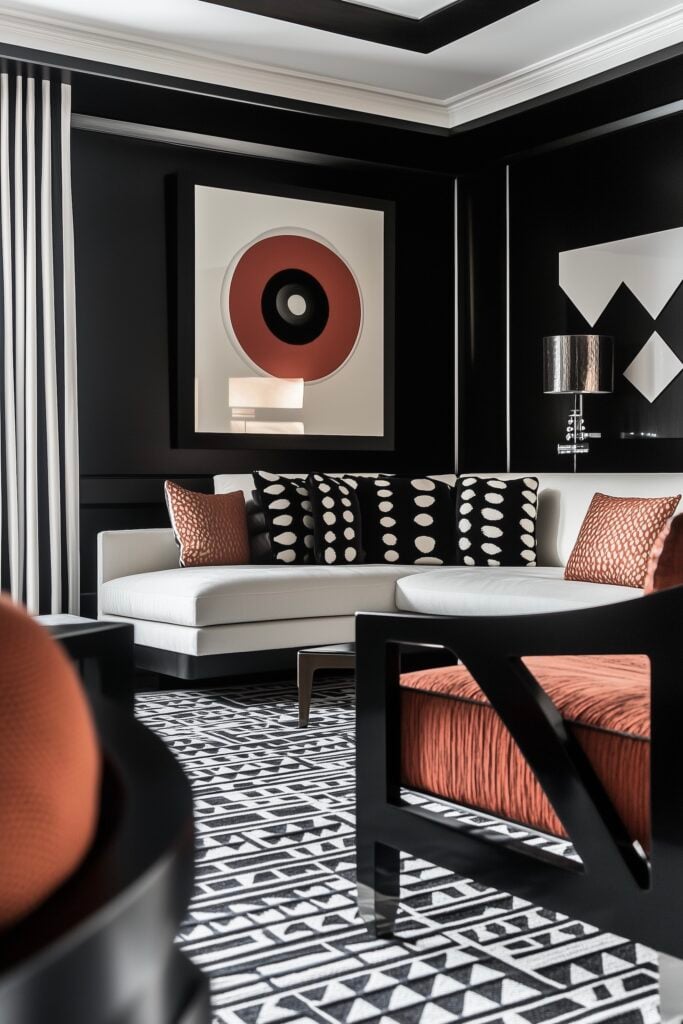 salon noir et blanc orange accents 80s 70 meuble laqué