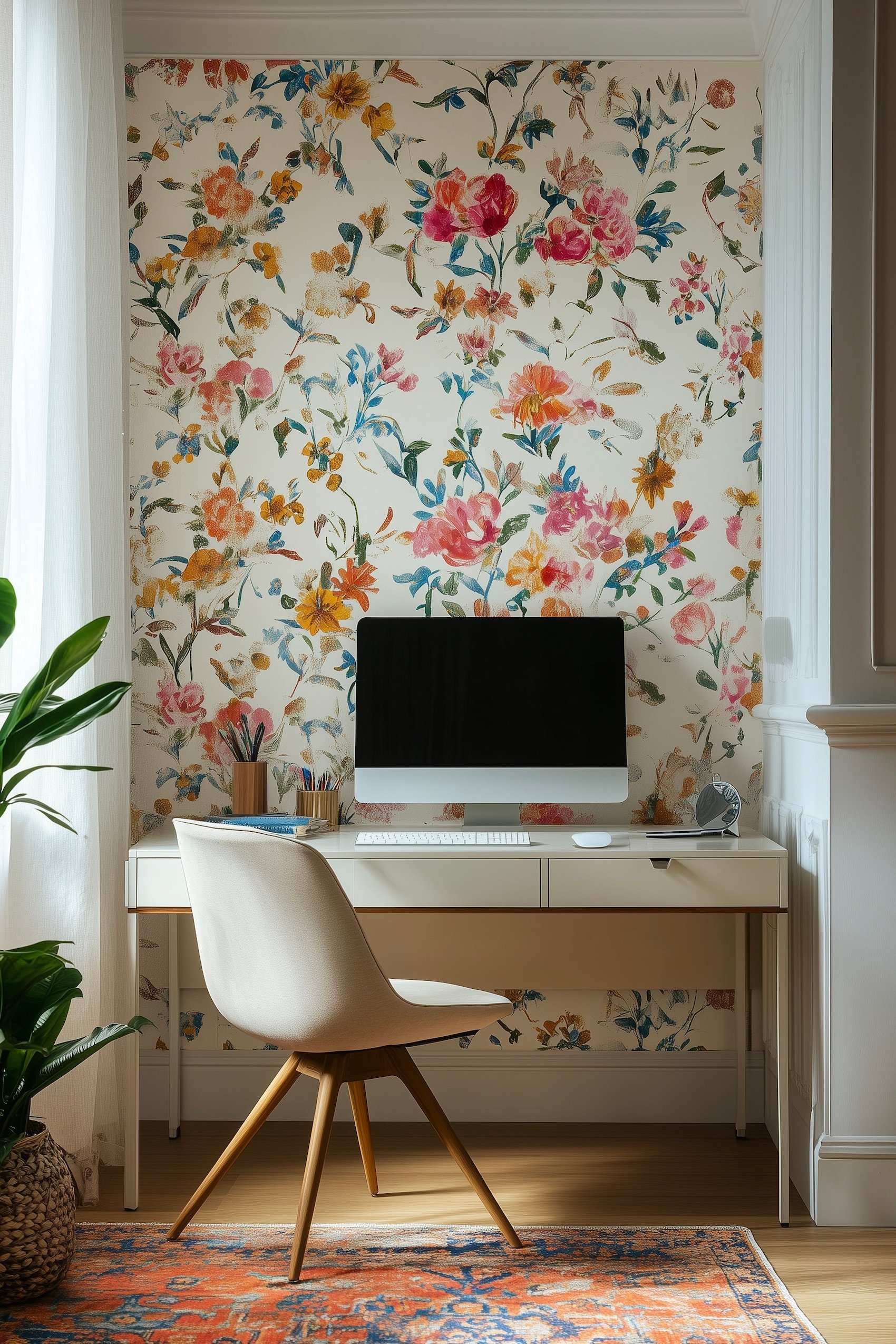 papier-peint liberty rose bleu bureau