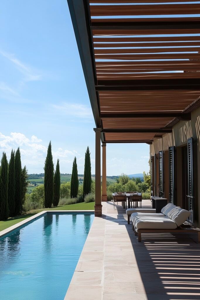 ombrage terrasse jardin pergola long piscine