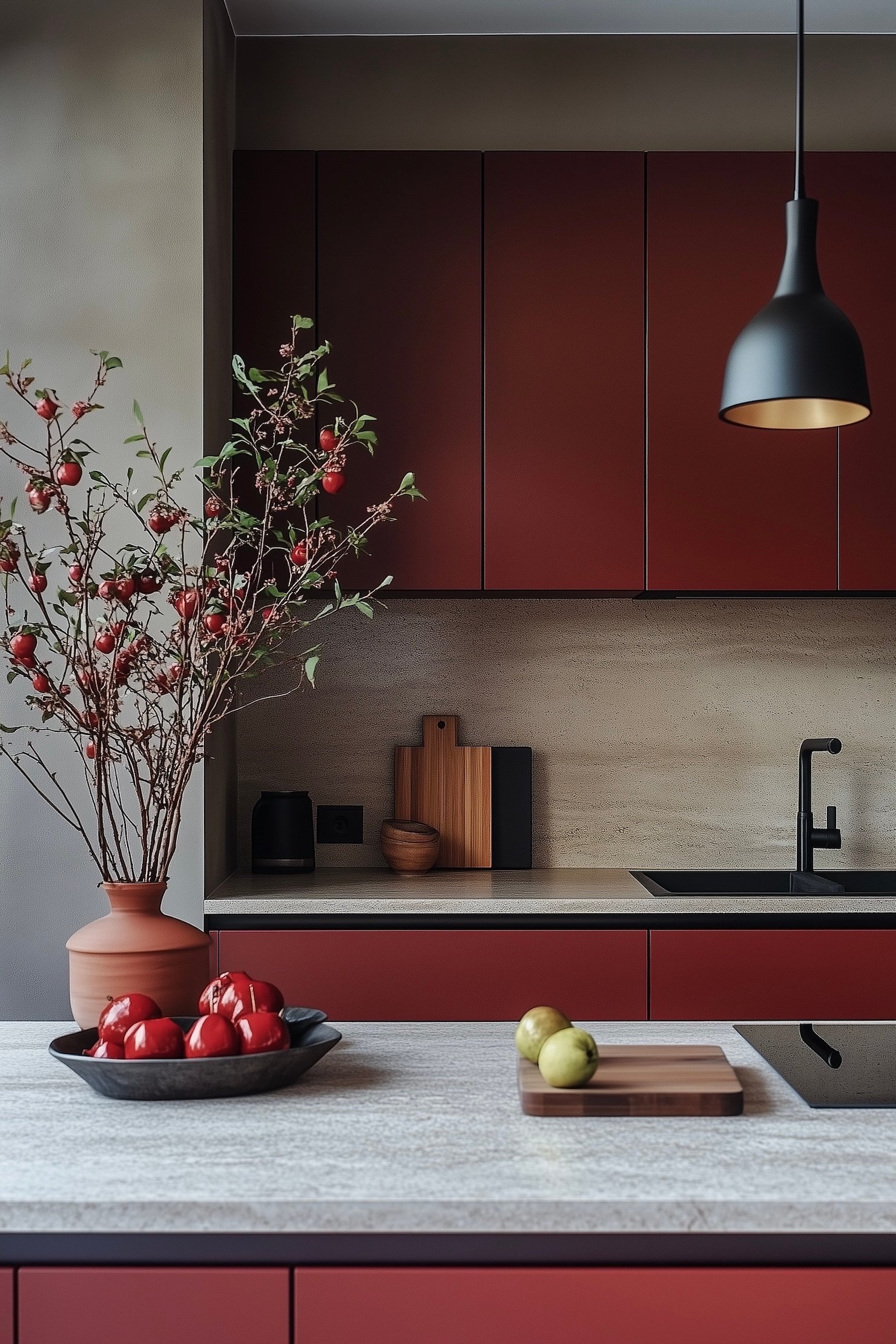 plan de travail en granit gris cuisine rouge