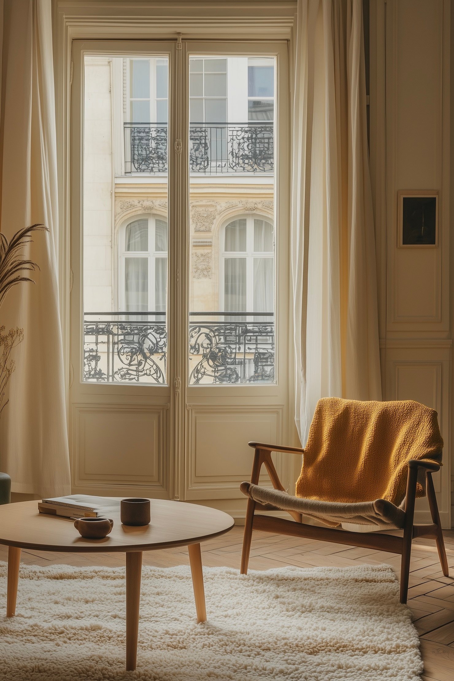 salon parisien fauteuil bois rotin plaid jaune moutarde