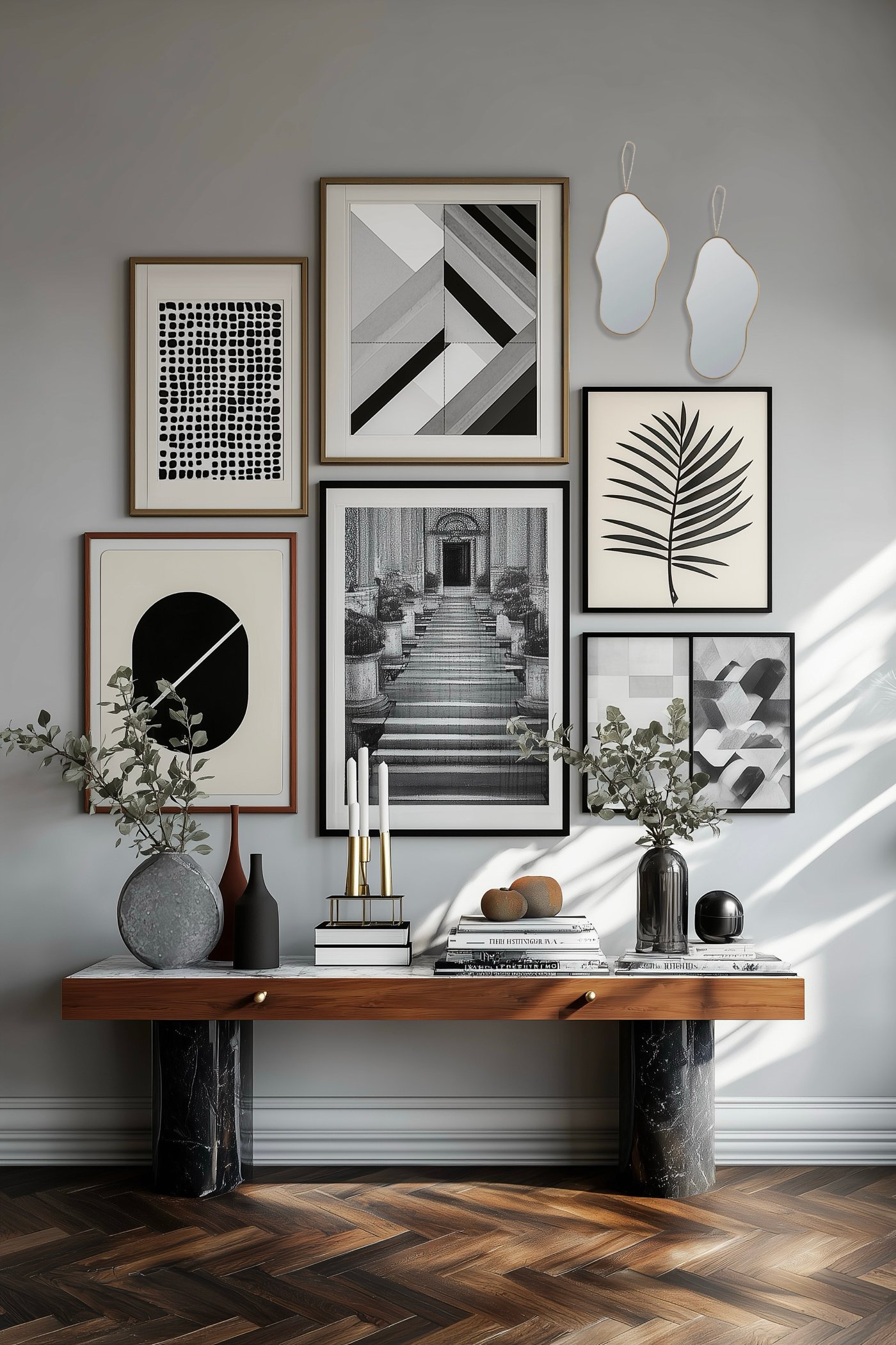 mur de cadres graphiques couloir console bois marbre