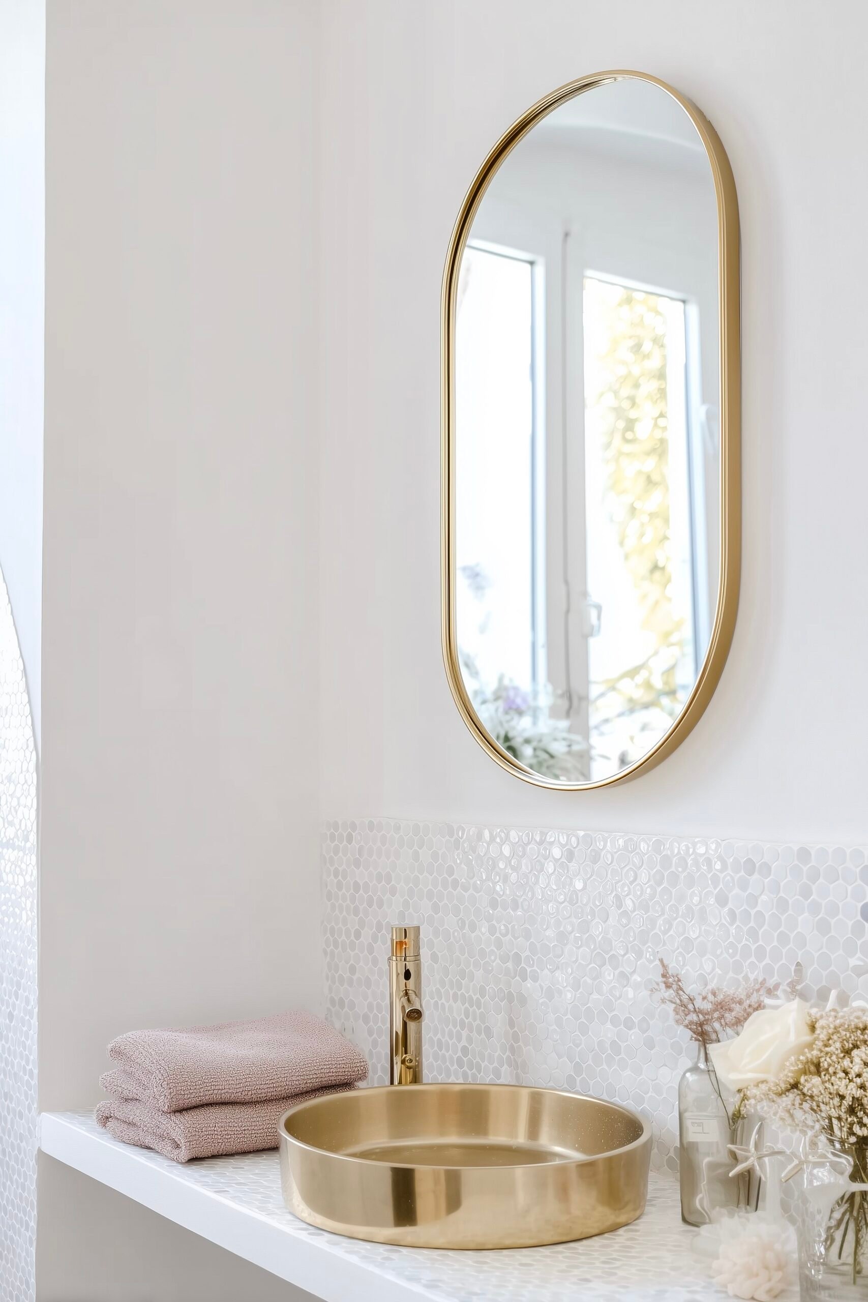 salle de bains zellige blanc hexagone vasque dorée