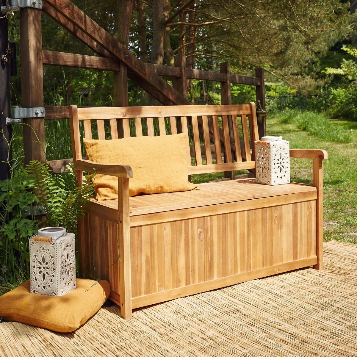 banc coffre extérieur avec dossier bois massif