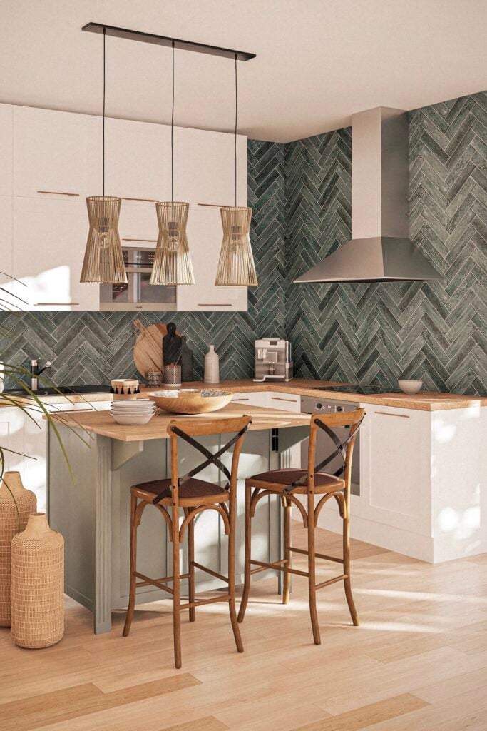 cuisine blanche carrelage vert eau chevron zig zag