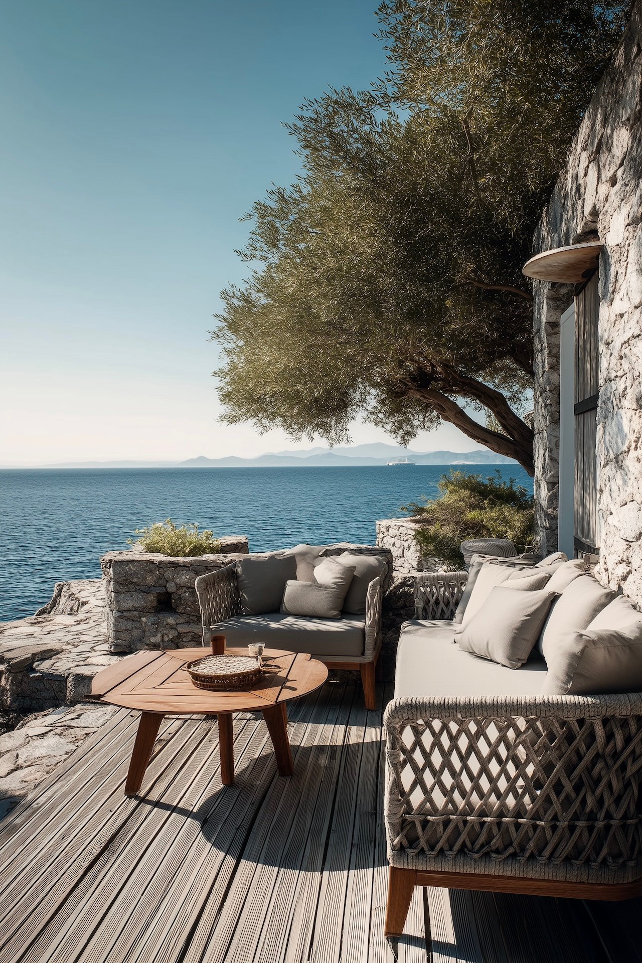 aménagement terrasse pierres face à la mer