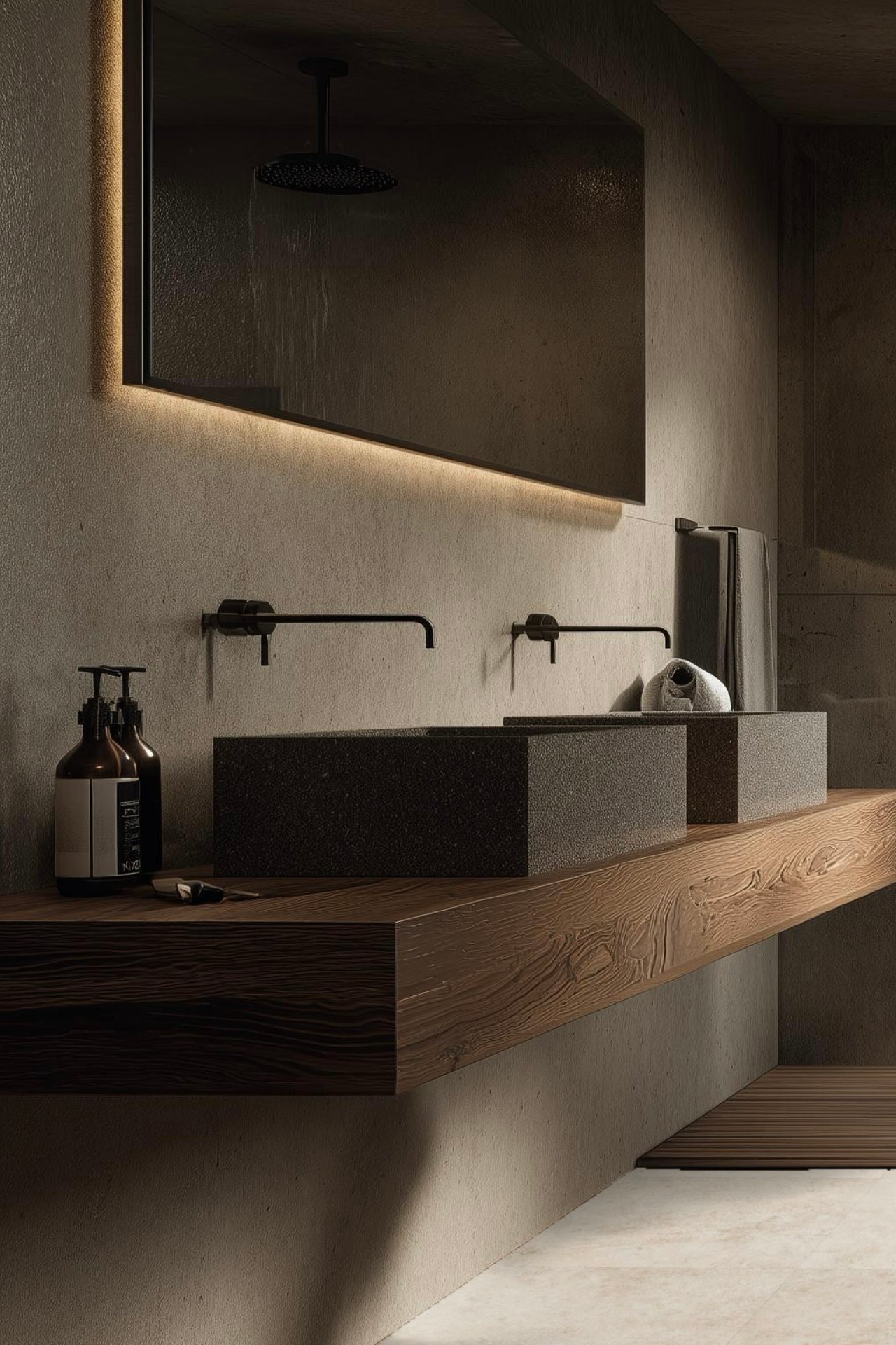 salle de bains mur effet pierre meuble planche bois