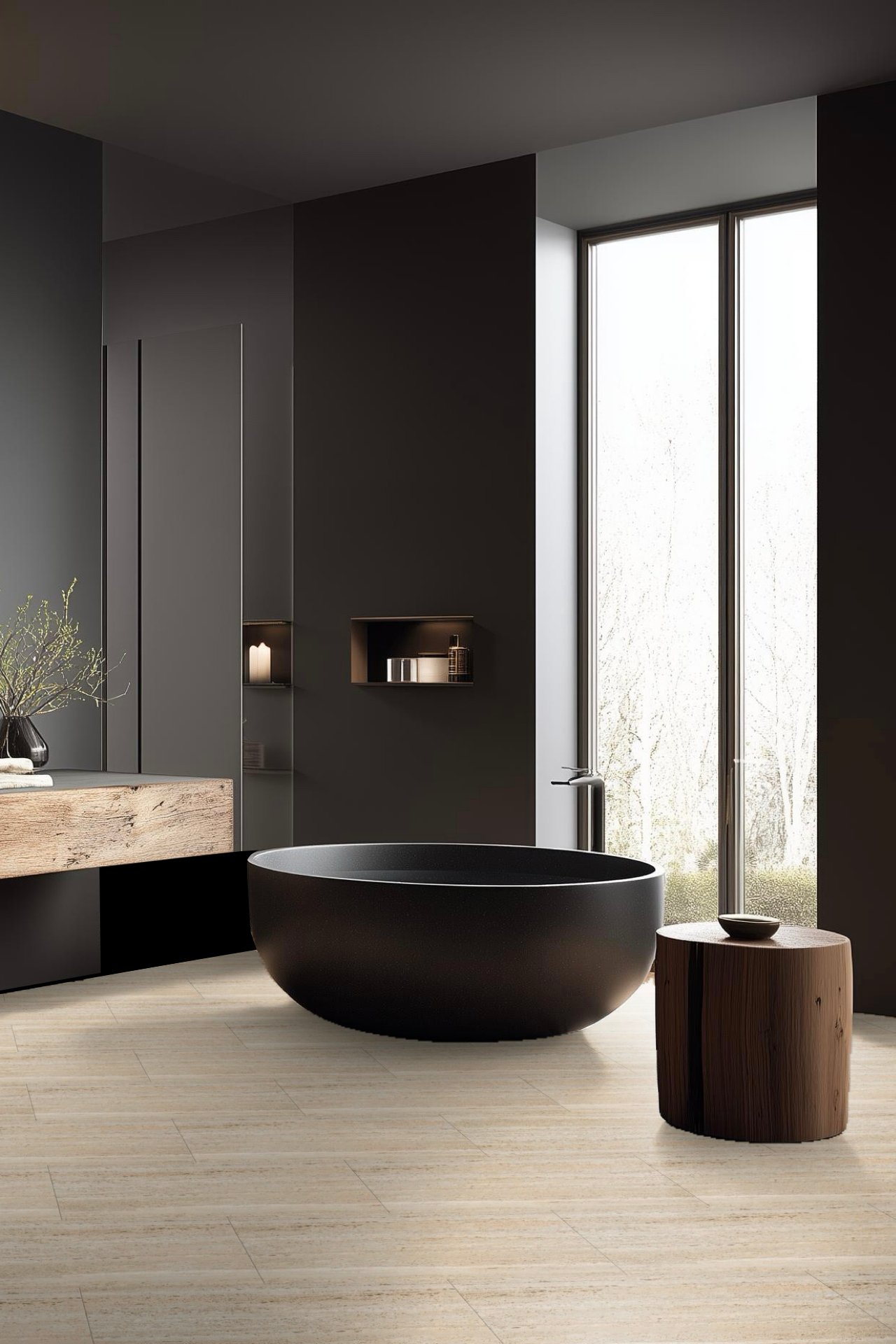 salle de bains noir mat baignoire beige