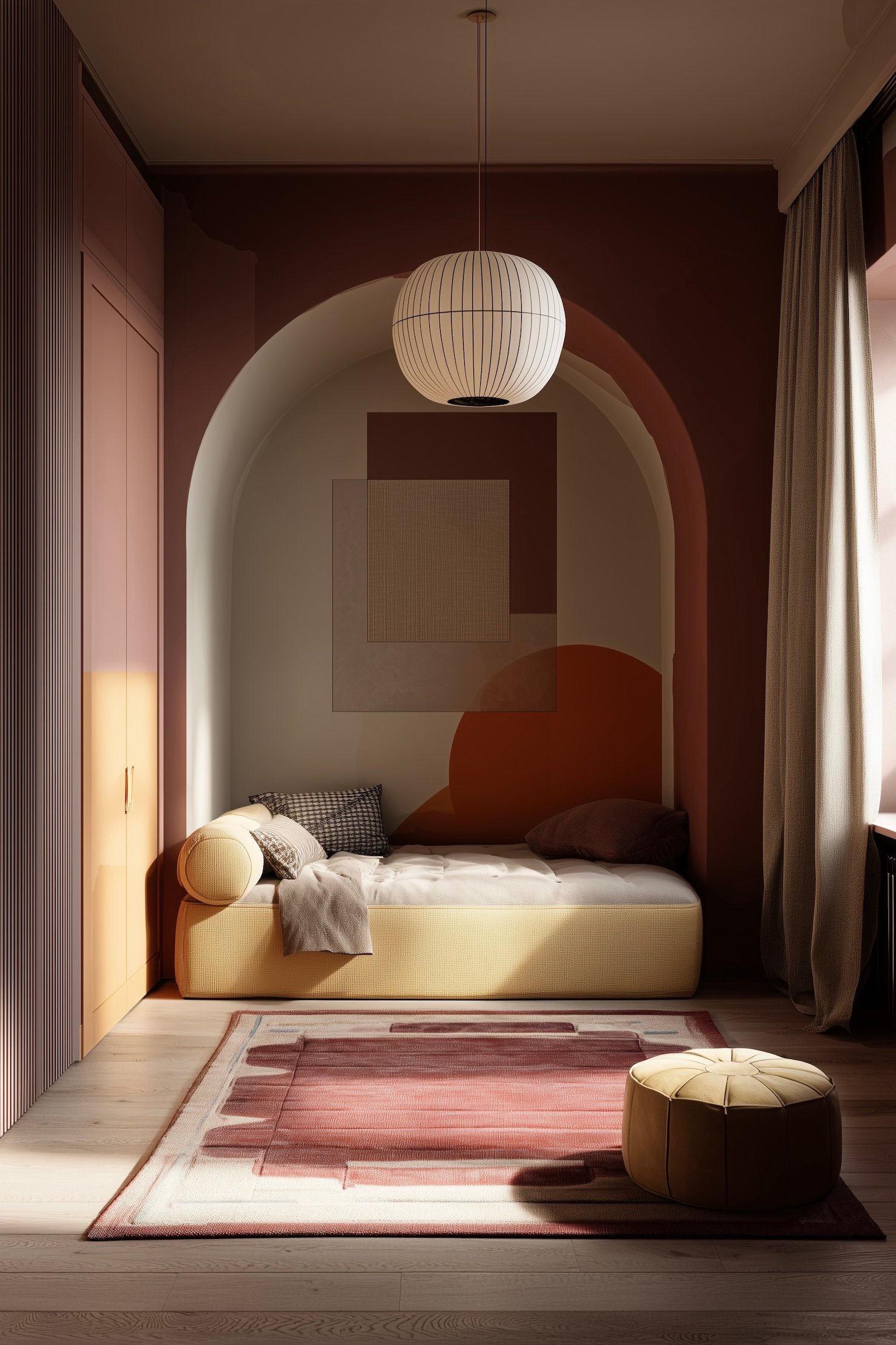 chambre petite fille décoration jaune arche terracotta lit cabane