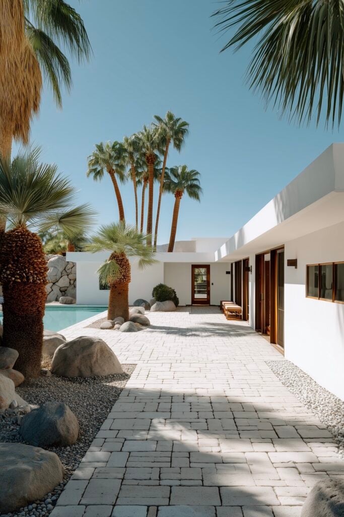 aménagement terrasse blanche pierres villa moderne palmier