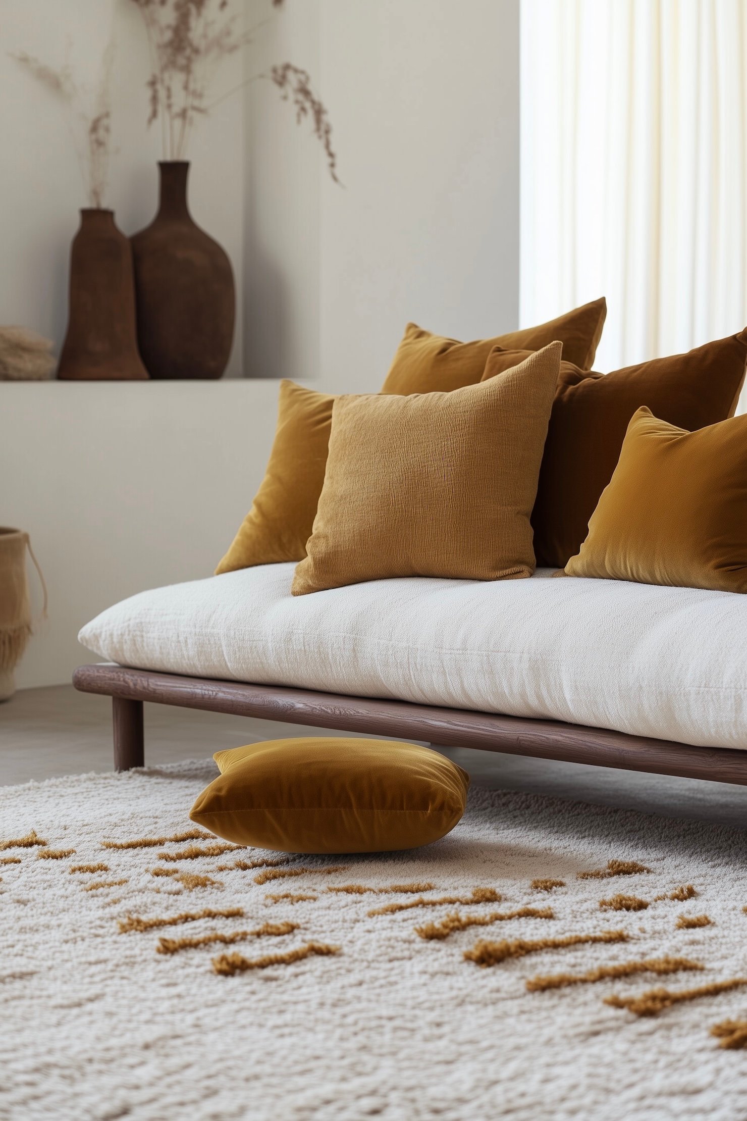 canapé banquette lin bois massif coussins velours moutarde