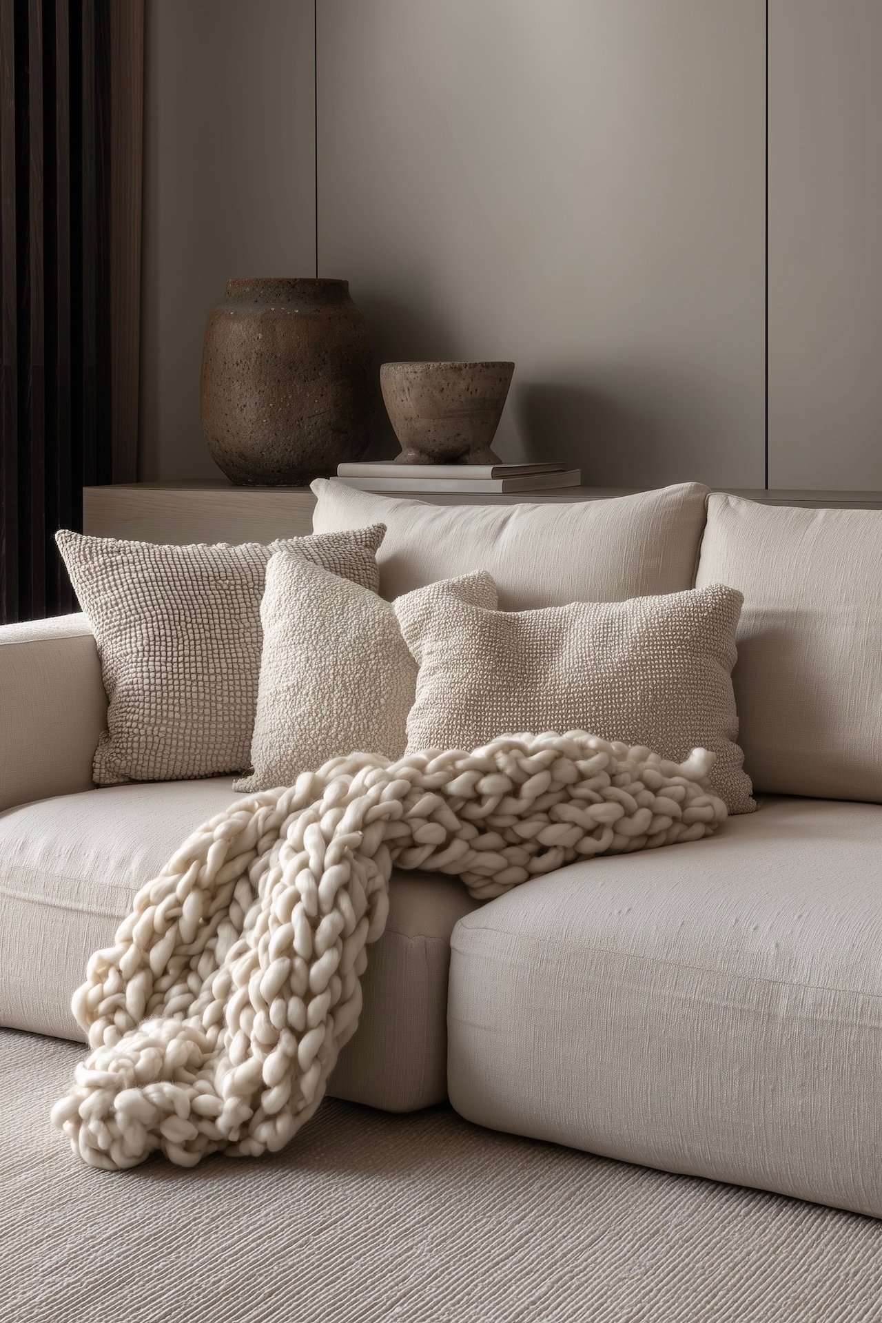 canapé beige coussins texturés déco cosy