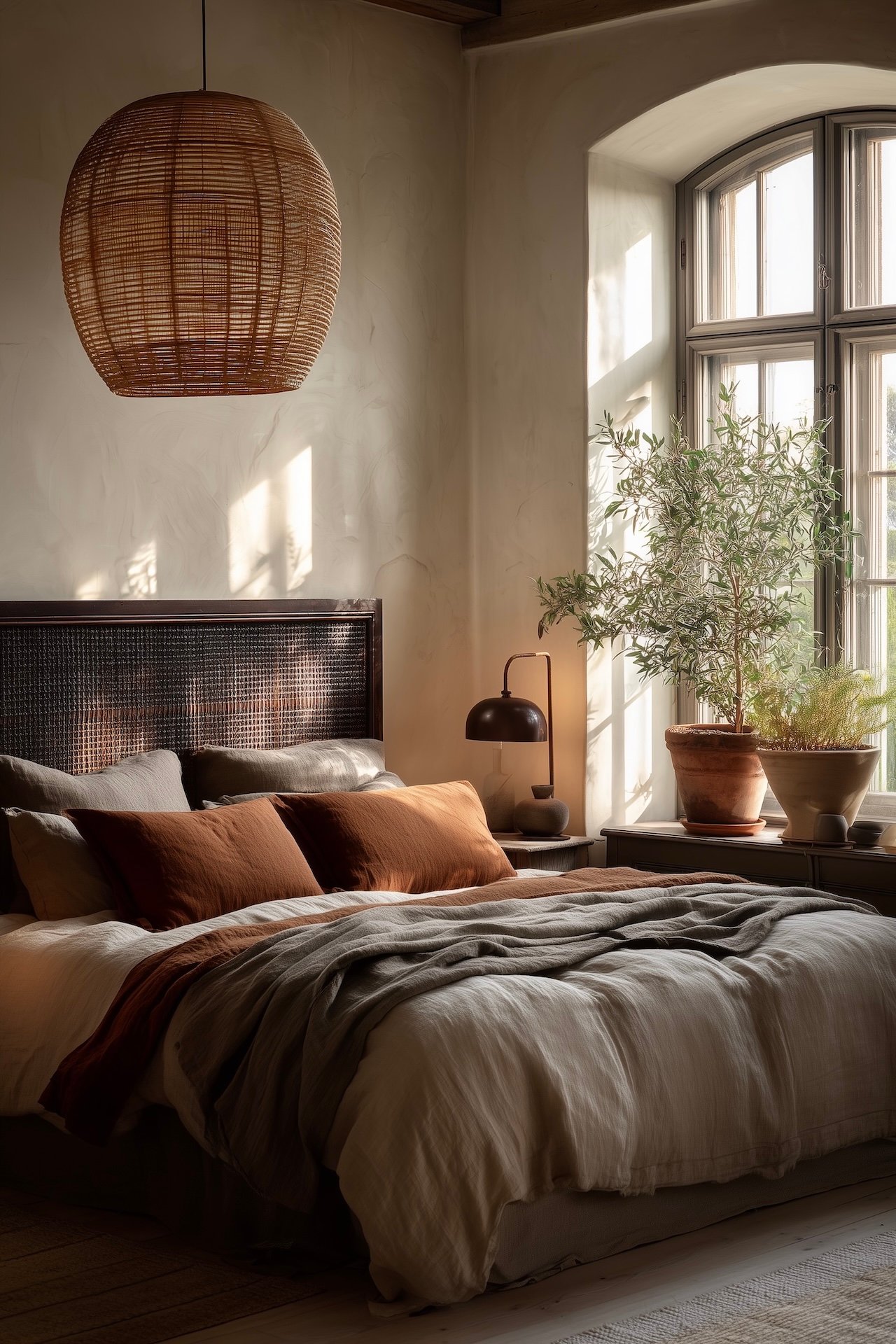 chambre bohème rotin matériaux naturels coloris ocre sable