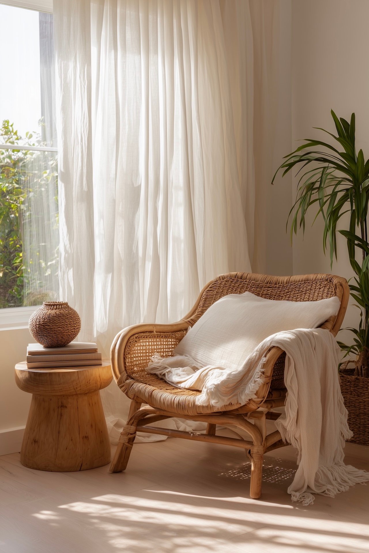 coin lecture naturel fauteuil rotin rideaux lin ambiance détente